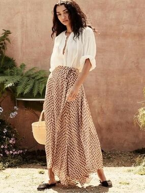 Doen Julep Wrap Maxi Skirt Edie Floral Cream Brown Size Large